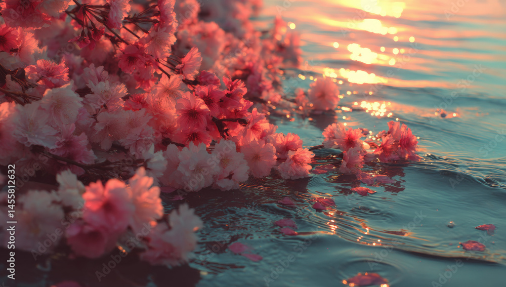 Aufkleber pink cherry blossoms gently float on calm water at sunset creating a serene and romantic scene. peta