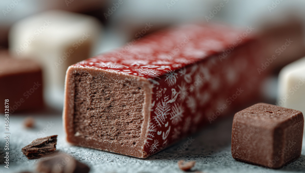 Poster Closeup of a chocolate bar with a festive red and white wrapper surrounded by smaller chocolate cubes and shavings on a gray surface. : Generative AI