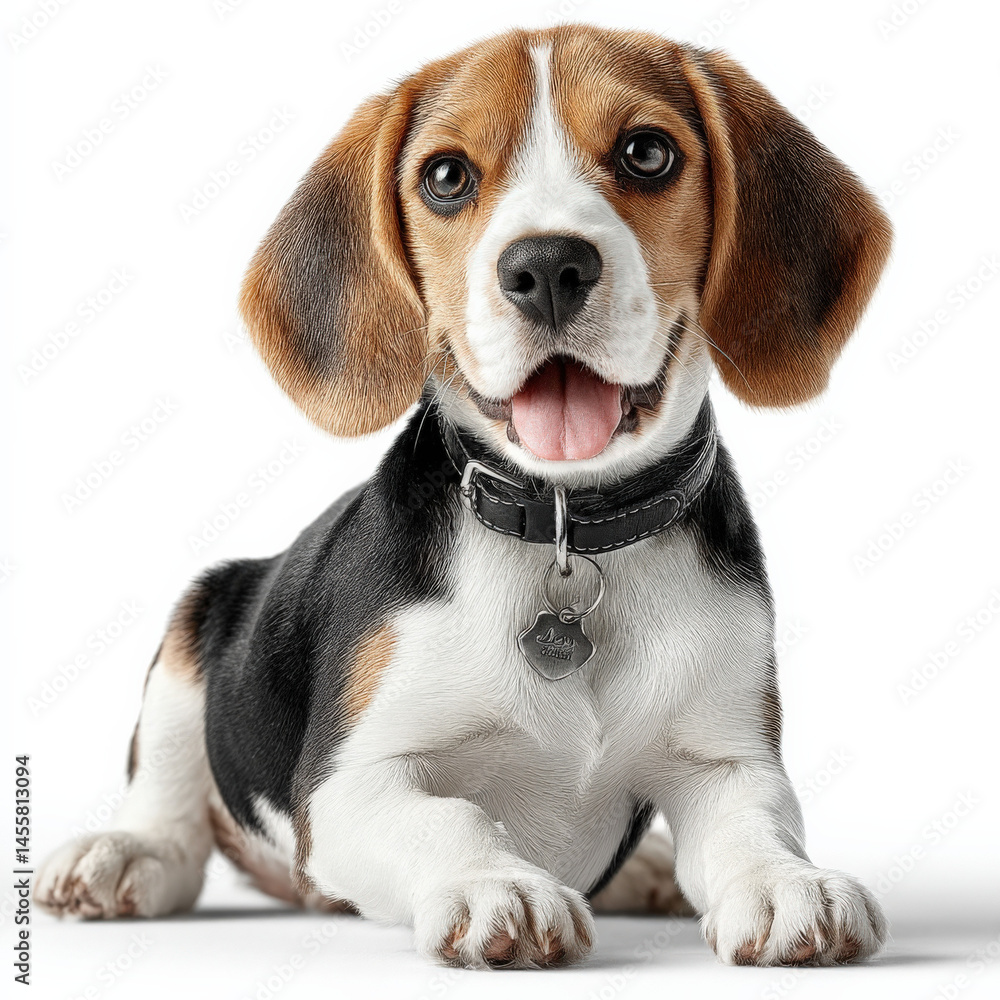 Poster adorable beagle puppy lying down wearing a black collar with a tag looking directly at the camera wi
