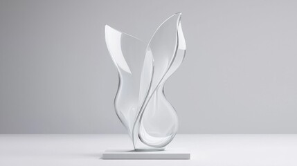 A modern abstract sculpture made of clear glass, featuring a flowing, organic design.