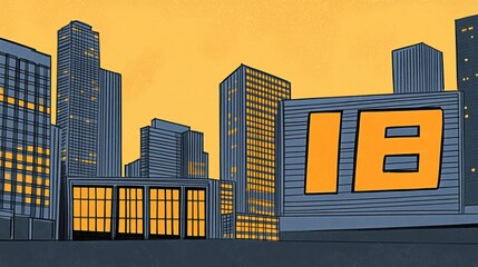 Stylized city skyline rendering illustration urban landscape with modern architecture and abstract building designs against yellow sky background