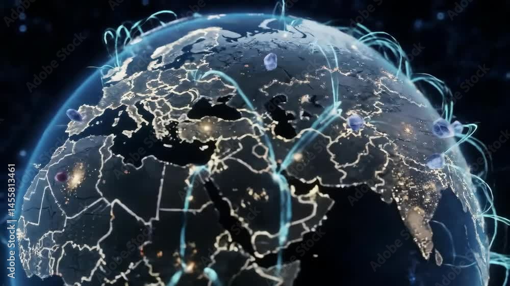 Poster earth globe rotating with glowing network connections abstract animation