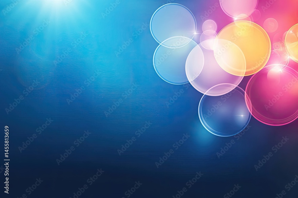 Poster abstract background featuring vibrant, translucent circles of light against a deep blue backdrop. so