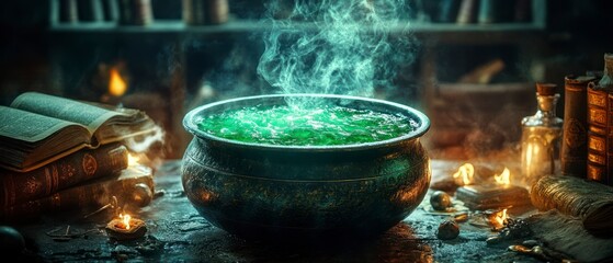 Steaming cauldron brews green potion, conjuring mystical atmosphere amidst ancient books, creating sense of alchemy and enchantment.
