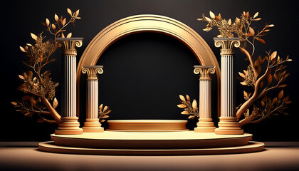 Marble podium for product display and presentation. Egyptian mockup with golden palms - Generative AI
