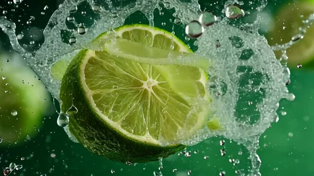 Fresh lime splashing into water with green background