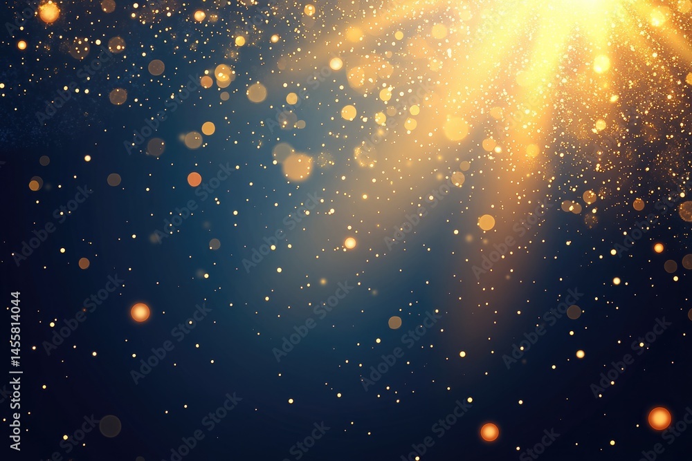 Poster golden sparkles and light beams against a dark backdrop. soft, diffused light streams down from abov