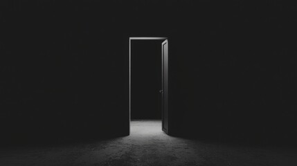 A black and white photo of a door opening into a dark room.
