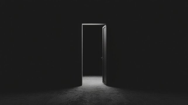 A black and white photo of a door opening into a dark room.