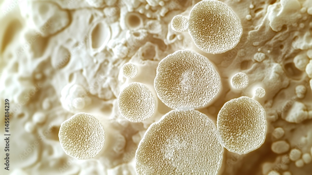 Poster microscopic organic cells are growing and creating interesting textures and patterns, possibly bacte
