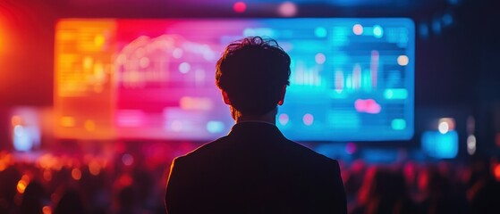 Businessman watches presentation featuring data charts on large screen before blurred audience, wearing dark suit with professional demeanor.