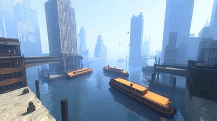 Obraz premium Misty city harbor, with tall buildings and orange ferry boats. Dense urban setting, tranquil water