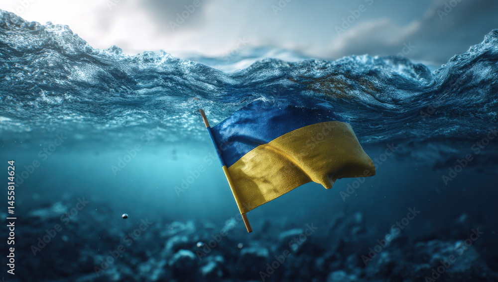 Poster submerged ukrainian flag a poignant image depicting a flag sinking beneath the waves symbolizing har