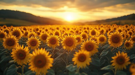 Obraz premium A field of sunflowers at sunset, their faces turned towards the warm, golden light of the setting sun.
