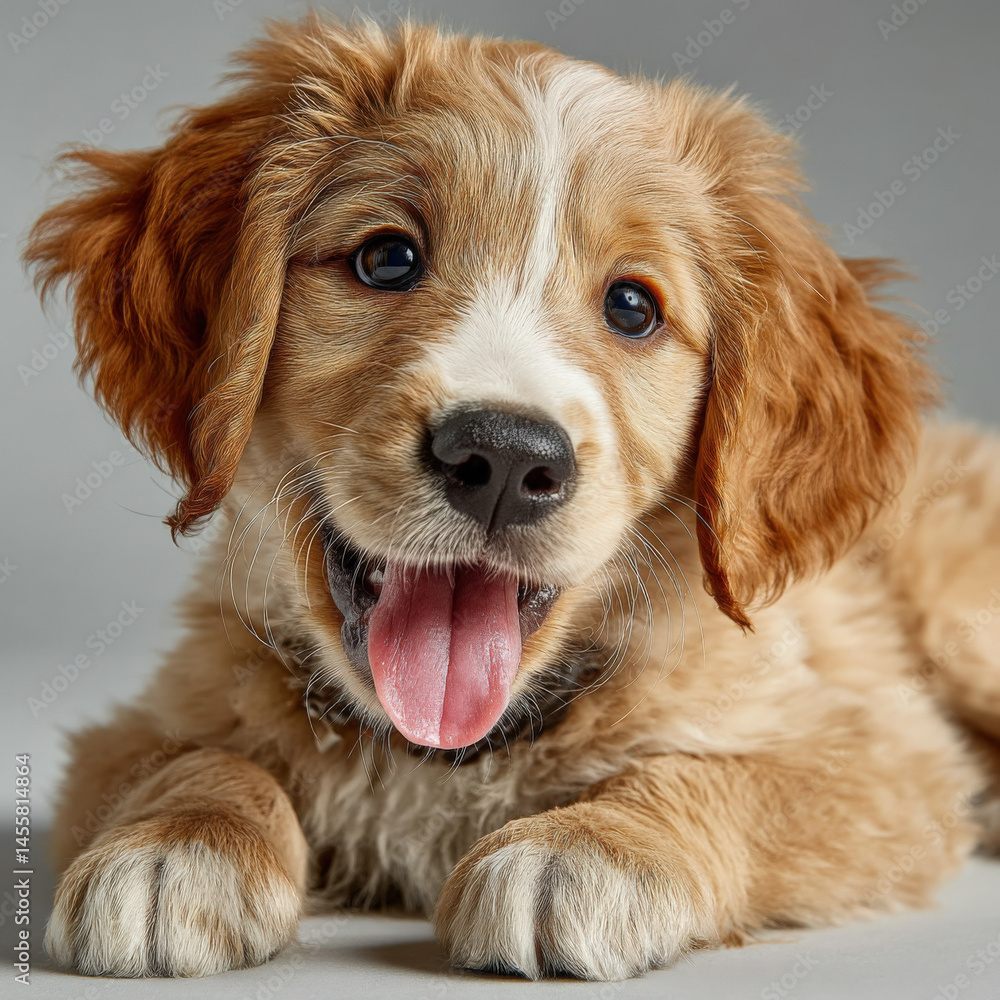 Poster adorable golden retriever puppy with happy expression lying down on gray background. fluffy fur play