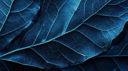 Obraz premium Deep Blue Leaf: A Close-Up Macro Photograph of Nature's Intricate Design