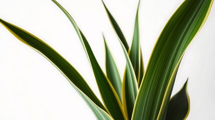 Obraz premium Sansevieria Plant With Green And Yellow Striped Leaves Are Pictured On A Plain White Background, Indoor Decor, Plant Life