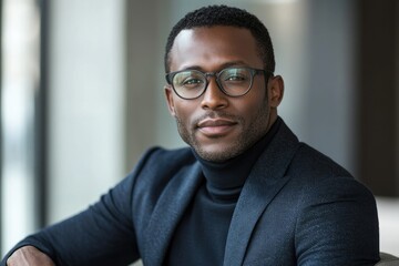 Fototapeta premium Confident Black man in glasses and turtleneck, professional portrait.