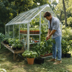 Obraz premium Man tending to pepper plants inside a greenhouse meticulously pruning leaves with gardening shears. Sunlight streams through the glass panels illuminating lush green foliage and rows : Generative AI