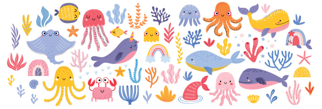 Cute marina life set with fish, whales, seaweed, marina elements for your design, childish hand drawn sea elements. Vector illustration.