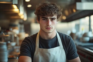 A young man with curly hair, wearing a dark shirt and an apron, stands in a kitchen.