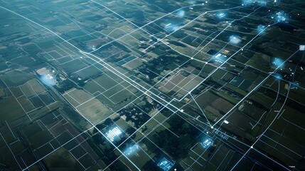 High-altitude view of interconnected rural infrastructure.