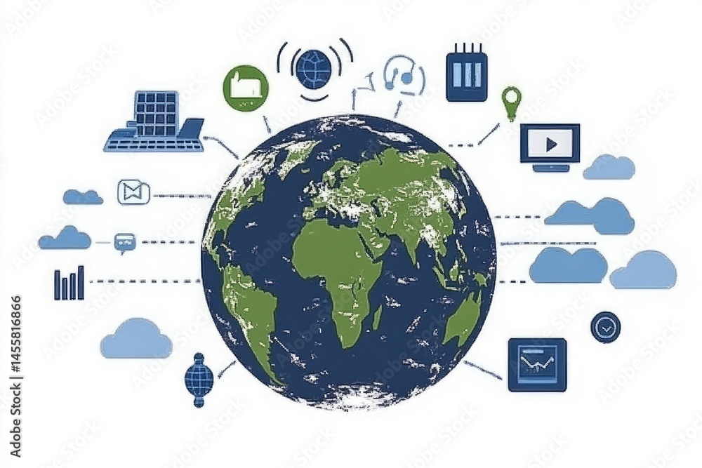 Poster global interconnected system of communication and data exchange. various icons represent different s