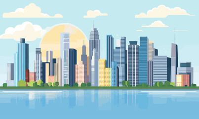 Obraz premium Modern Cityscape with Skyline and Waterway at Sunrise in Flat Minimalist Style