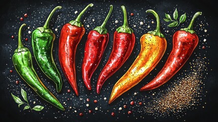 Colorful chili peppers arranged on a dark background.