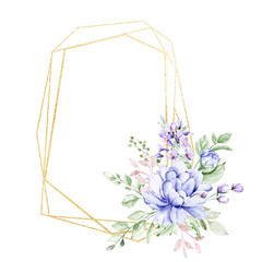Floral geometric gold frame. Watercolor hand drawing golden border with place for text, with flowers and leaves.	