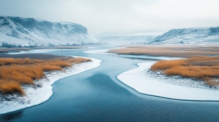 Naklejka premium A frozen river winds its way through a valley, its surface reflecting the muted colors of the winter day.