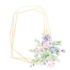 Floral geometric gold frame. Watercolor hand drawing golden border with place for text, with flowers and leaves.	