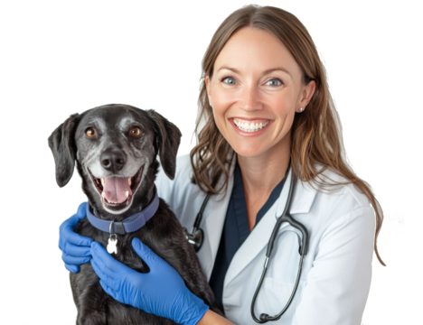 Smiling girl veterinarian and a large dog in a veterinary clinic in a friendly embrace looking into the camera on a white background.