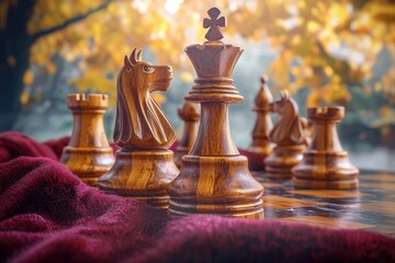 A chess game's opening display on a wooden board with elegant chess pieces and soft red velvet underlay with autumn background.