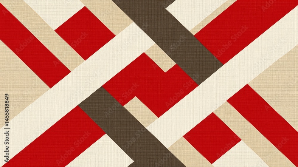 Poster abstract geometric design with intersecting lines and shapes in red, white, and brown.