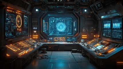 Fototapeta premium A futuristic laboratory filled with advanced technology, glowing screens, and intricate scientific equipment.