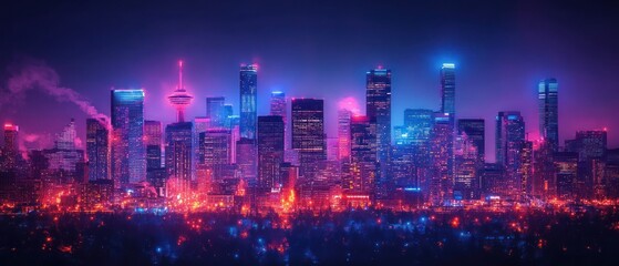 Obraz premium Cityscape glows with colorful, vibrant neon lights showcasing modern urban architecture at night.