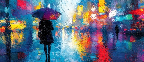 Woman walks during rain holding umbrella amid city lights, showcasing an abstract impressionistic style.