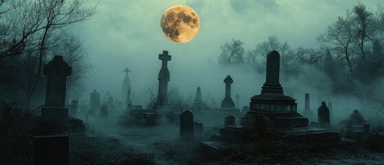Tombstones stand silently under a full moon, shrouded in fog, creating spooky atmosphere.