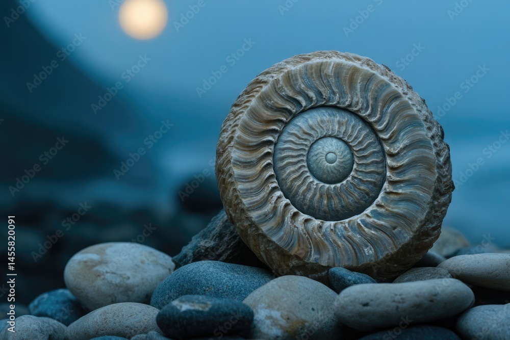 Aufkleber a fossilized ammonite shell rests on smooth stones under the light of a blurred moon against a blue-