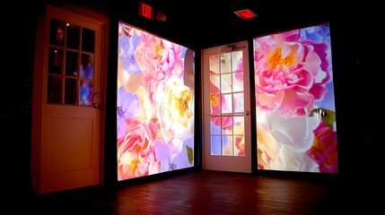 restaurant interior with translucent walls and immersive projection mapping