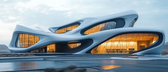 Fototapeta premium Futuristic building showcasing modern architecture features sleek glass windows and an organic structure with smooth white curves.