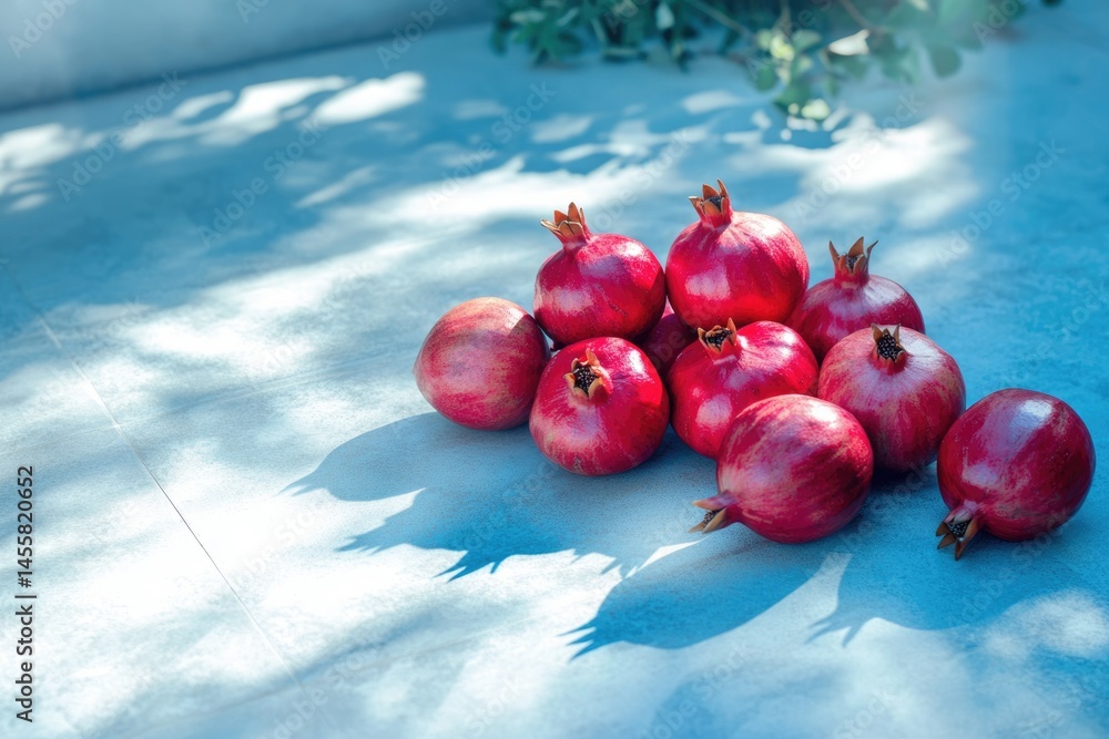 Poster a cluster of ripe pomegranates sits on a textured surface with soft sunlight and greenery casting ge