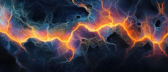 Glowing nebula displays vibrant, energetic patterns of light and color, evoking cosmic energy.