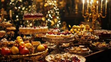 Luxurious Christmas dessert buffet with ornate platters.