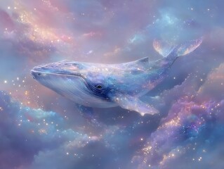 Fototapeta premium A majestic whale glides through a dreamy, colorful sky filled with sparkling clouds and cosmic light.
