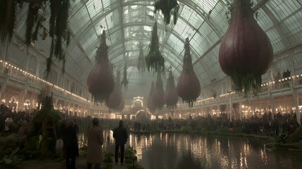 seed pods hovering above a reflective water garden