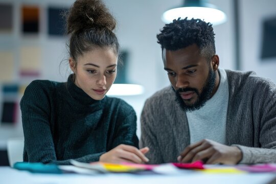 Two young colleagues collaborate on a project, examining colorful swatches attentively.