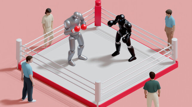 Boxing ring with two robots fighting while four people watch intense match