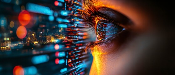 Human eye reflects binary code, creating a futuristic and cybernetic atmosphere, suggesting information overload and digital vision.